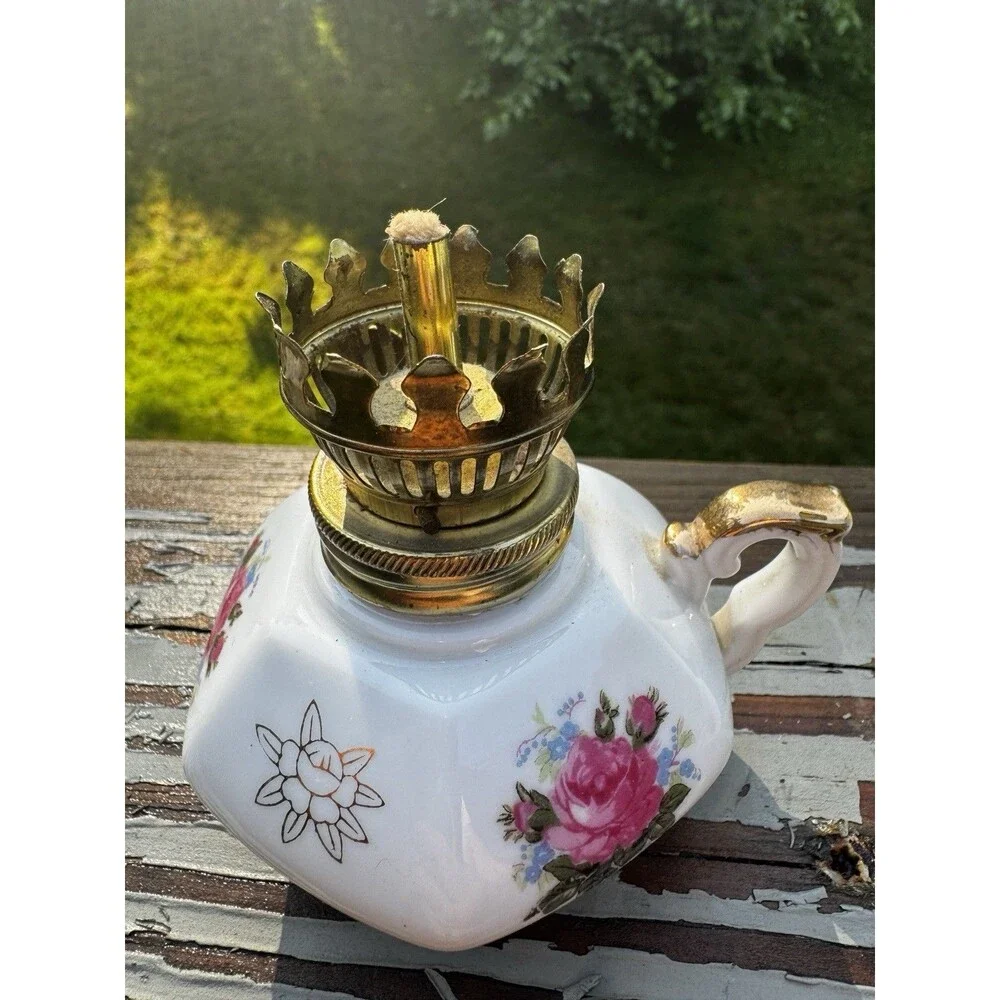 Vintage Miniature Porcelain Oil Lamp Pink Rose Floral Gold Trim Cottagecore